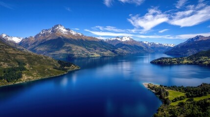Obraz premium Stunning aerial view of a pristine lake nestled amidst snow-capped mountains and lush green valleys under a vibrant blue sky. : Generative AI