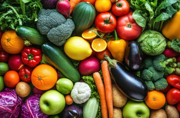 A vibrant overhead shot showcasing an abundant variety of fresh, colorful fruits and vegetables, including broccoli, zucchini, carrots, oranges, apples, and more. : Generative AI