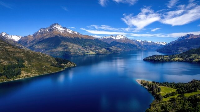 Stunning aerial view of a pristine lake nestled amidst snow-capped mountains and lush green valleys under a vibrant blue sky. : Generative AI