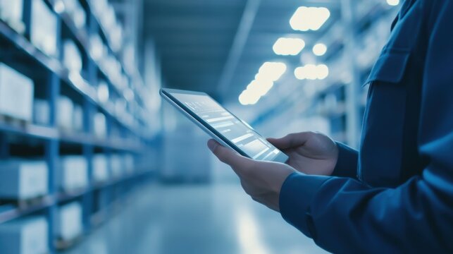 Logistics worker, tablet, inventory check, warehouse, high-tech interface, digital screen, precision, technology, modern warehouse, inventory management, logistics, efficiency, professional. - Powered by Adobe