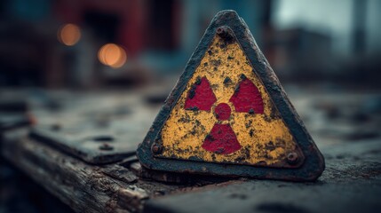 Rusty radiation warning sign with red trefoil symbol on yellow metal placed on old wood in abandoned site, ideal for nuclear hazard visuals and toxic contamination themes