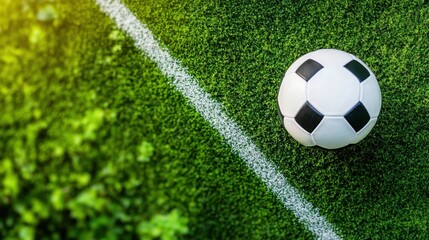 A classic black and white soccer ball rests on a vibrant green artificial turf field, near a crisp white line marking the pitch. : Generative AI