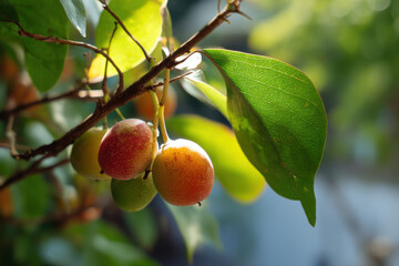 Sunlit fruits and green leaves on a branch. Fresh harvest in a Greek garden. Healthy food
