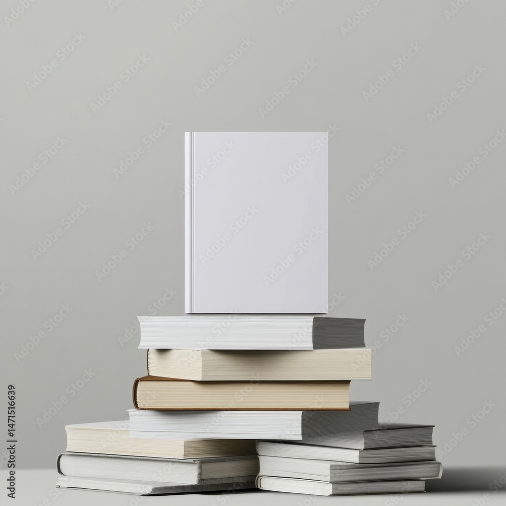 Poster blank white book cover atop a stack of various books, showcasing a clean and minimalist design perfe