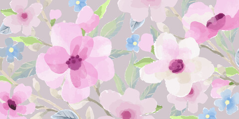 Flower watercolor art background vector. Wallpaper design with spring leaves and flowers. Nature pattern illustration for cover, wall art, invitation, fabric, poster, canvas print