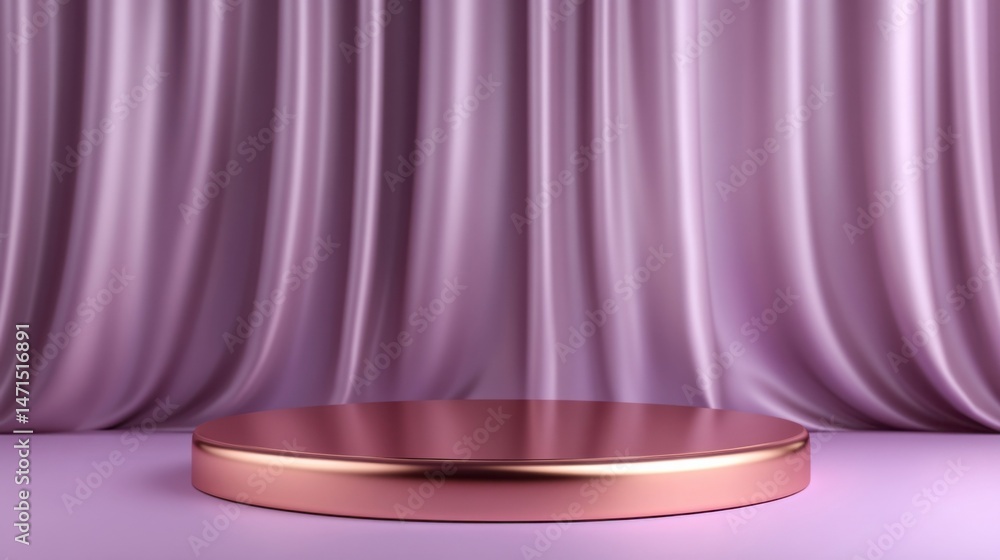 Poster rose gold pedestal on a mauve silk curtain backdrop, ideal for product display or elegant presentati