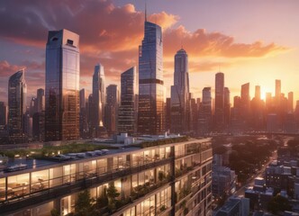 Fototapeta premium Sleek condo, breathtaking sunset over city skyline, luxury, apartment