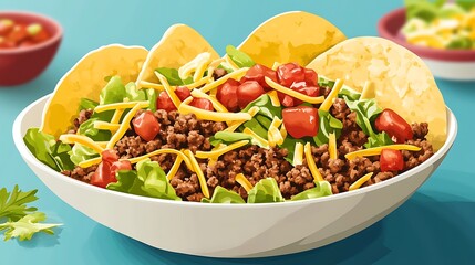 Taco Salad Bowl with Ground Beef, and Tortilla Chips.