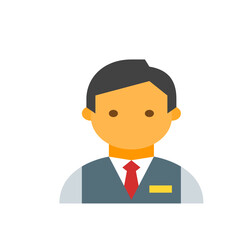 Illustration of a man with dark hair wearing a gray vest and a red tie against a white background image