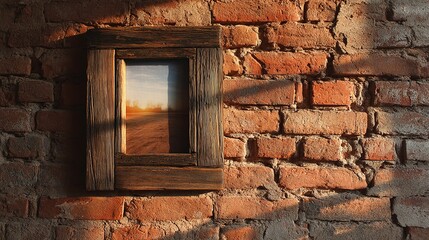 Wooden frame with landscape image hanging on a weathered brick wall.