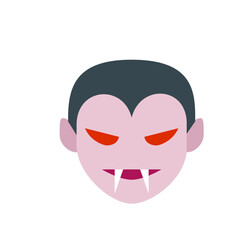 Illustration of a vampire face with pale skin, red eyes, dark hair, and prominent fangs for halloween theme