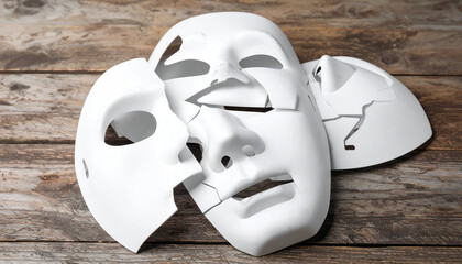 White masks are arranged on rustic wooden surface, showcasing their cracked and fragmented designs. scene evokes sense of mystery and intrigue, inviting viewers to ponder their significance