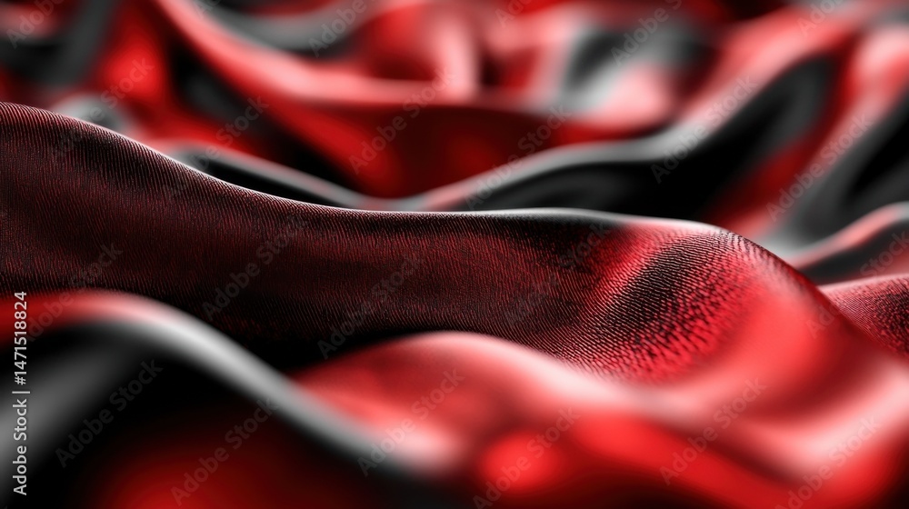 Poster close-up view of luxurious red and black silk fabric, showing its rich texture and subtle waves, ide