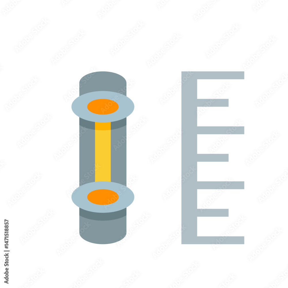 Poster illustration of a gray vertical bar with orange circles and a yellow line next to a ladder shape obj