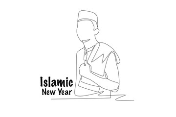 Muslim man carrying a prayer mat. Islamic new year concept one-line drawing