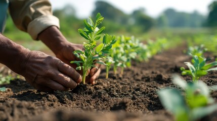 Farmer's hands carefully planting a young green sprout in rich dark soil, sunlight illuminating the scene, showcasing agricultural growth and rural life. : Generative AI