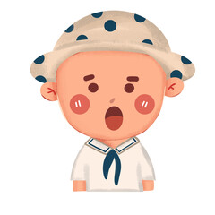 cartoon of little boy wearing hat and uniform with various expressions