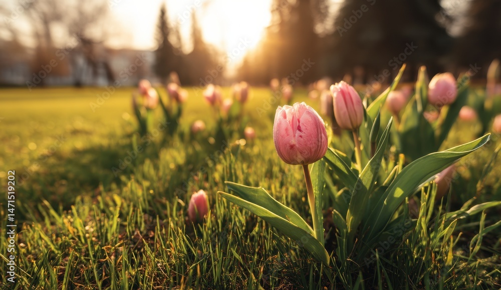 Aufkleber pink tulips in a lush green field bathed in the warm glow of the setting sun, creating a serene and 
