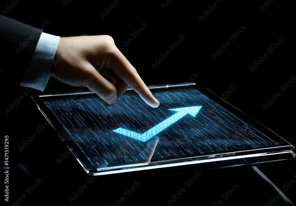 Fototapete A businessman's finger interacts with a tablet displaying an upward trending arrow composed of digital code, symbolizing growth and technological advancement. : Generative AI