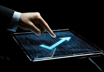 A businessman's finger interacts with a tablet displaying an upward trending arrow composed of digital code, symbolizing growth and technological advancement. : Generative AI