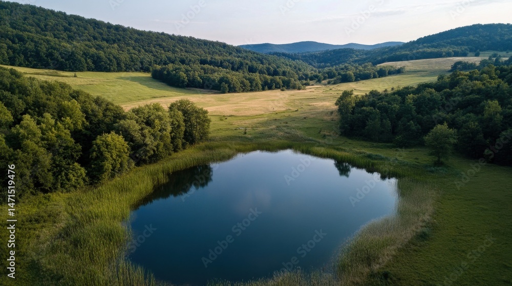 Poster Serene aerial view of a secluded lake nestled within a lush green valley, surrounded by dense forest and tranquil meadows under a clear sky. : Generative AI