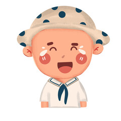 cartoon of little boy wearing hat and uniform with various expressions