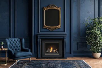 Dark blue room with fireplace and armchair.