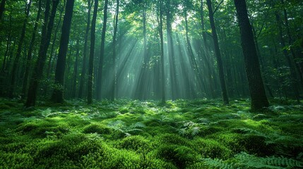 Obraz premium Sunlight streams through a lush forest floor (1)