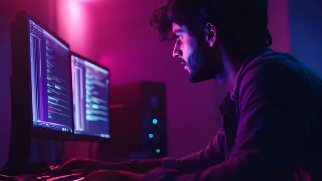 A man is sitting in front of two computer monitors, one of which is displaying a code. He is focused on his work, possibly programming or working on a project. Scene is serious and focused