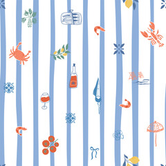 Blue striped Mediterranean summer seamless pattern. Cute Italian cuisine, lobster, crab, sardine, wine, tomatoes in postage stamps or plates. Vector repeat background, textile design, wallpaper print
