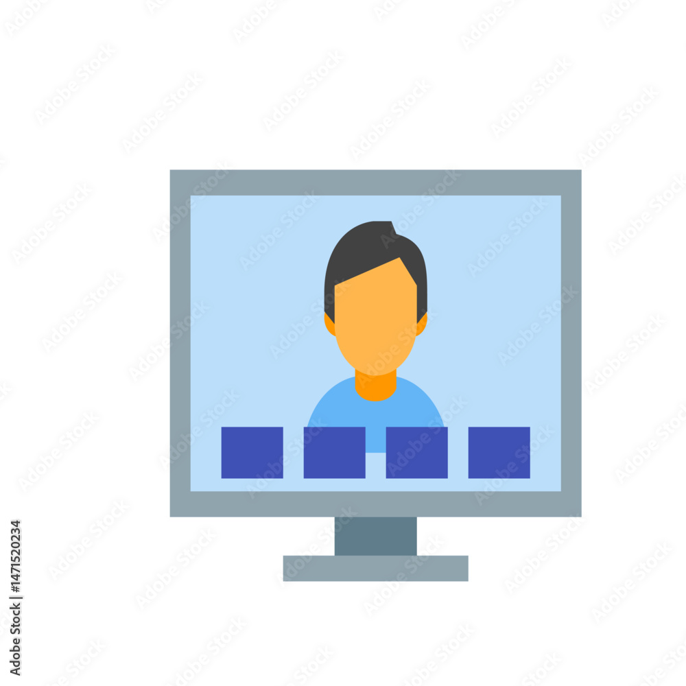 Aufkleber illustration of a person on a computer screen with three blue boxes at the bottom of the screen view