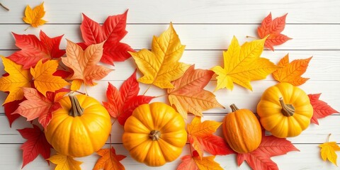 Fototapeta premium Pastel autumn leaves & pumpkins on light wood background, seasonal, table