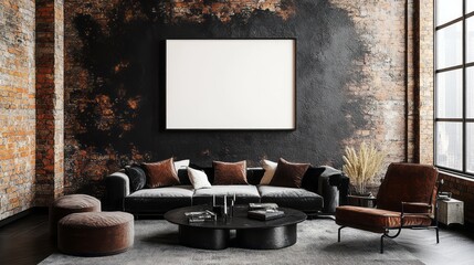 Loft living room interior design showcasing a blank canvas.
