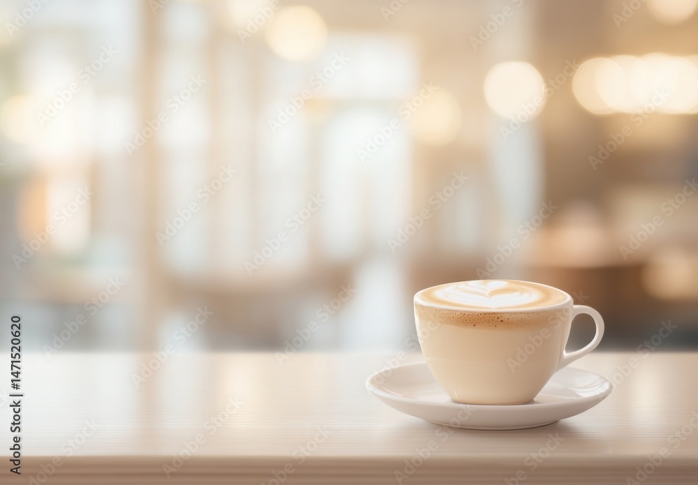 Leinwandbilder a single cup of latte art coffee sits on a light wooden table in a softly lit cafe setting. the back
