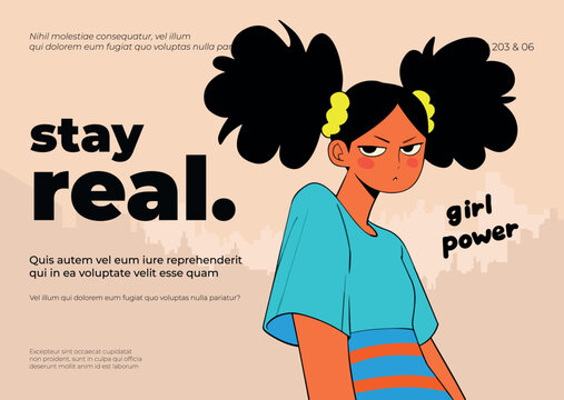 Confident girl with puffy hair and "stay real" slogan
