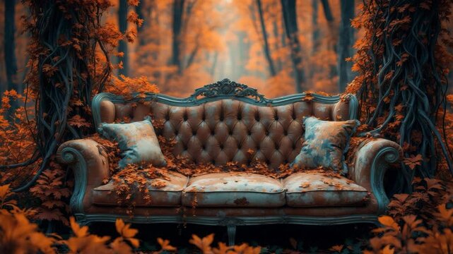Videography background prop of an autumn forest with a couch and vines on the sides