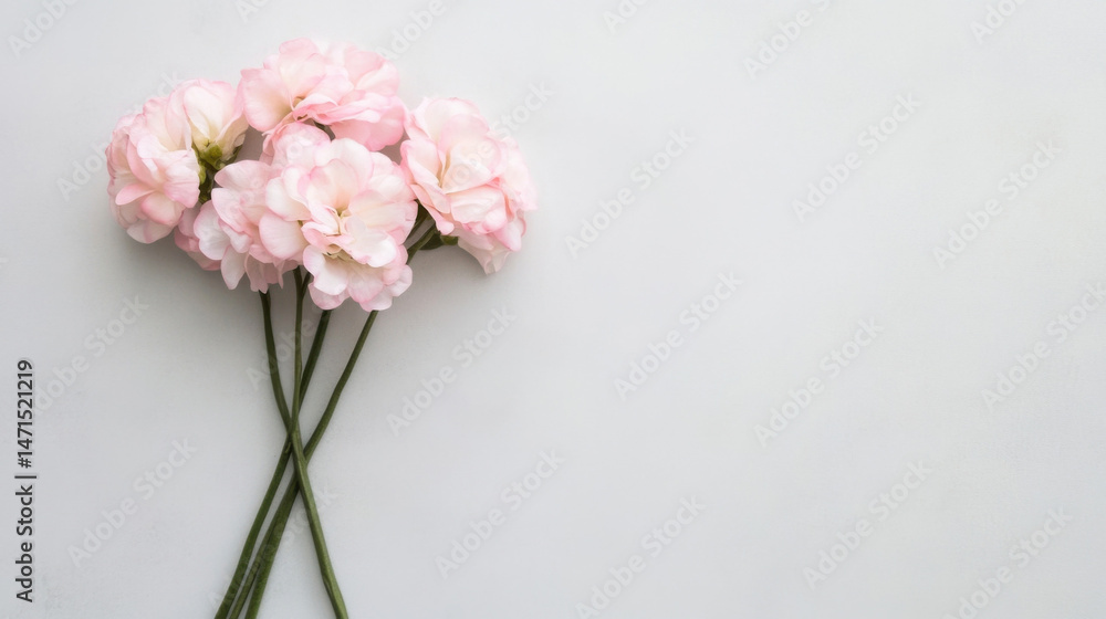 Aufkleber a delicate bouquet of pale pink lisianthus flowers arranged on a light gray surface, creating a sere