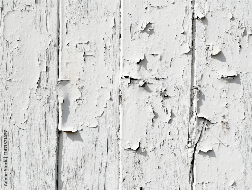 Poster closeup view of weathered white painted wood planks, showing significant peeling and cracking paint 