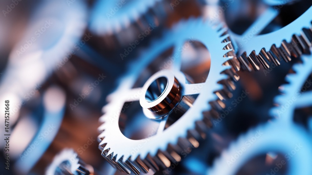 Poster Close-up view of intricate metallic gears intermeshing, showcasing precision engineering and complex machinery components in a detailed, high-resolution image. : Generative AI
