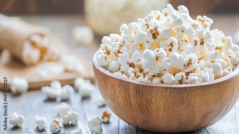 Poster a wooden bowl brimming with fluffy, freshly popped popcorn, kernels scattered on a rustic wooden tab