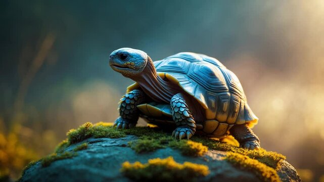 Young tortoise sheltered in its shell atop a rock