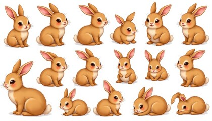 Fototapeta premium a collection of illustrated bunny characters in various poses and expressions. they are depicted with a cartoon like style, displaying different colors and patterns for their fur