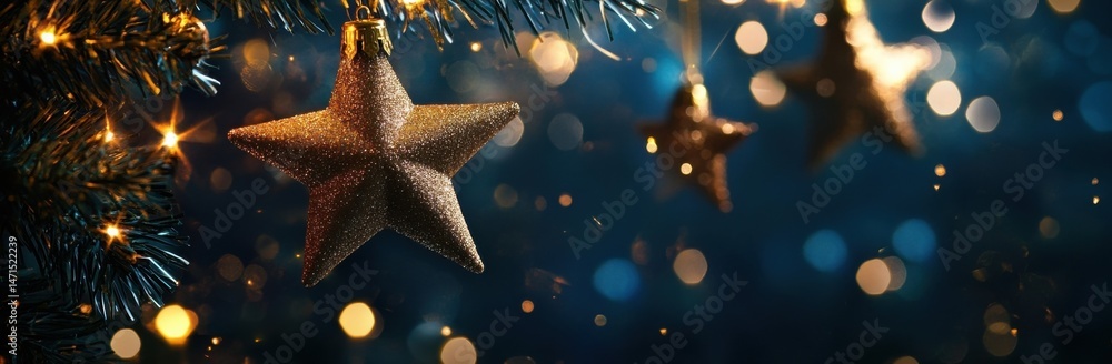 Poster a glittering gold star ornament hangs on a christmas tree branch, illuminated by warm fairy lights a