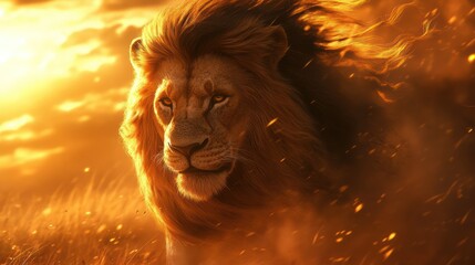 Majestic lion in golden sunset