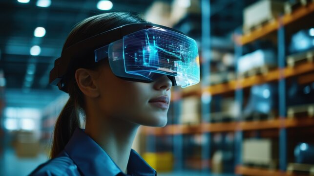 Warehouse worker, augmented reality, AR glasses, logistics, scanning products, digital display, innovation, technology, warehouse management, futuristic, efficiency, smart warehouse, automation - Powered by Adobe