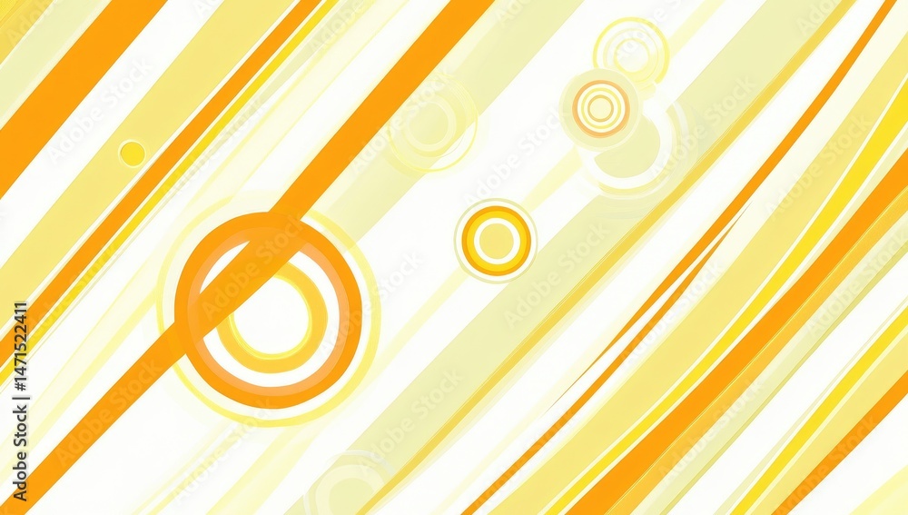 Poster abstract artwork with diagonal lines and concentric circles in shades of yellow and orange