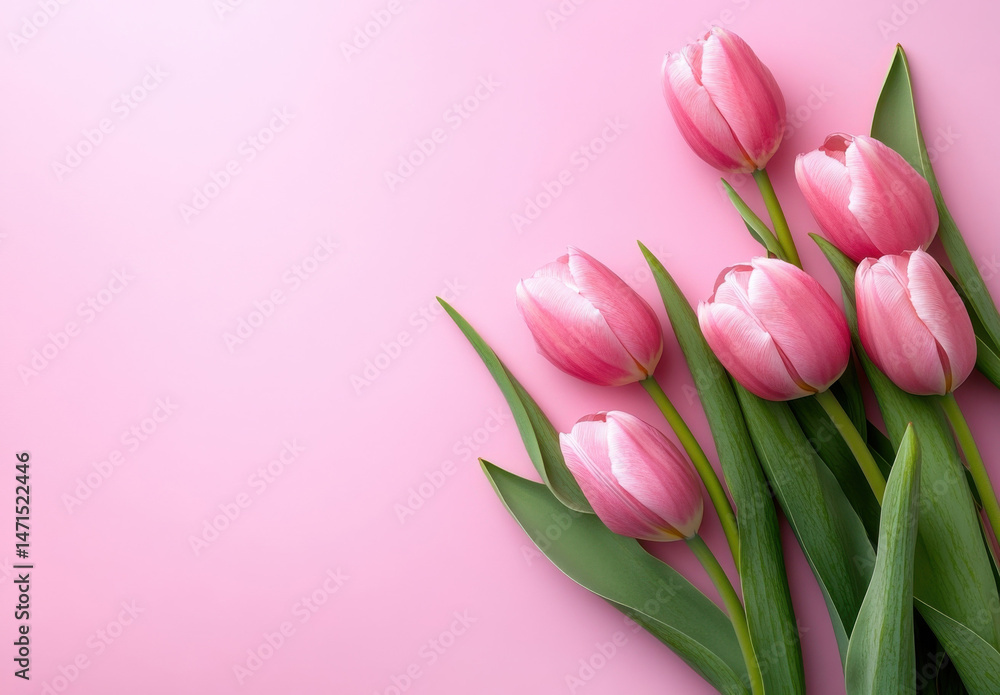 Poster five pink tulips arranged on a pink background, creating a delicate and elegant floral composition p