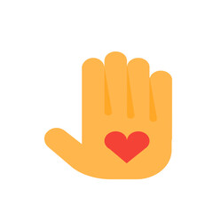 An illustration of a hand with a red heart on the palm, symbolizing love and affection, in a flat design style