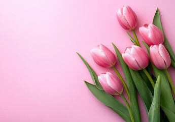 Naklejka premium Five pink tulips arranged on a pink background, creating a delicate and elegant floral composition perfect for spring or romantic themes. : Generative AI