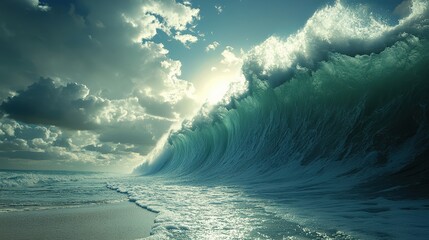 Dramatic ocean waves under cloudy sky captured at sunset